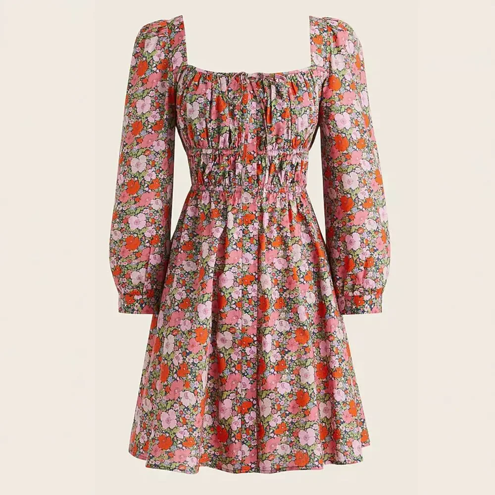 J.CREW Cinched Waist Cotton Floral Babydoll Mini Dress in Liberty Meadow Size 12